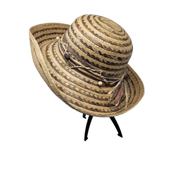 Scala Collection Womens Woven Straw Sun Hat Chevron Beaded Wide Brim Tan Brown - Picture 10 of 10
